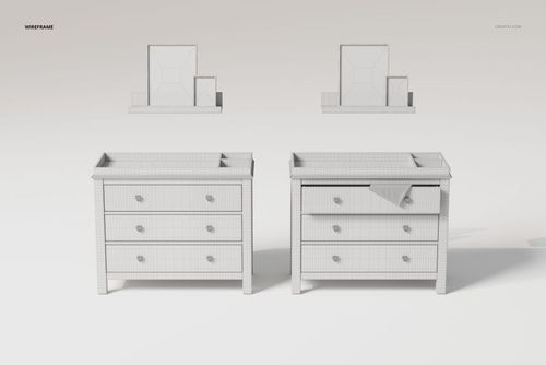 Wireframe view of two baby nursery dressers with three drawers, shown from the front with simple geometric decor.