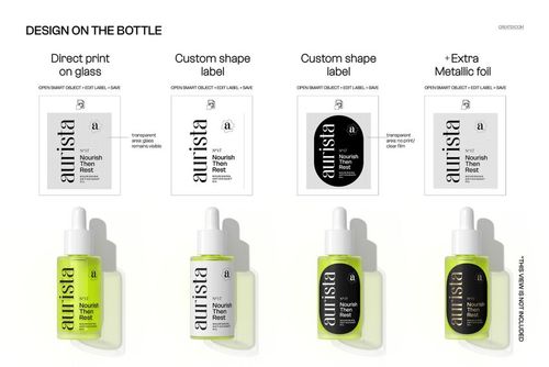 Top-down view of four dropper bottles with different label designs, shown alongside matching packaging mockups on a white background.