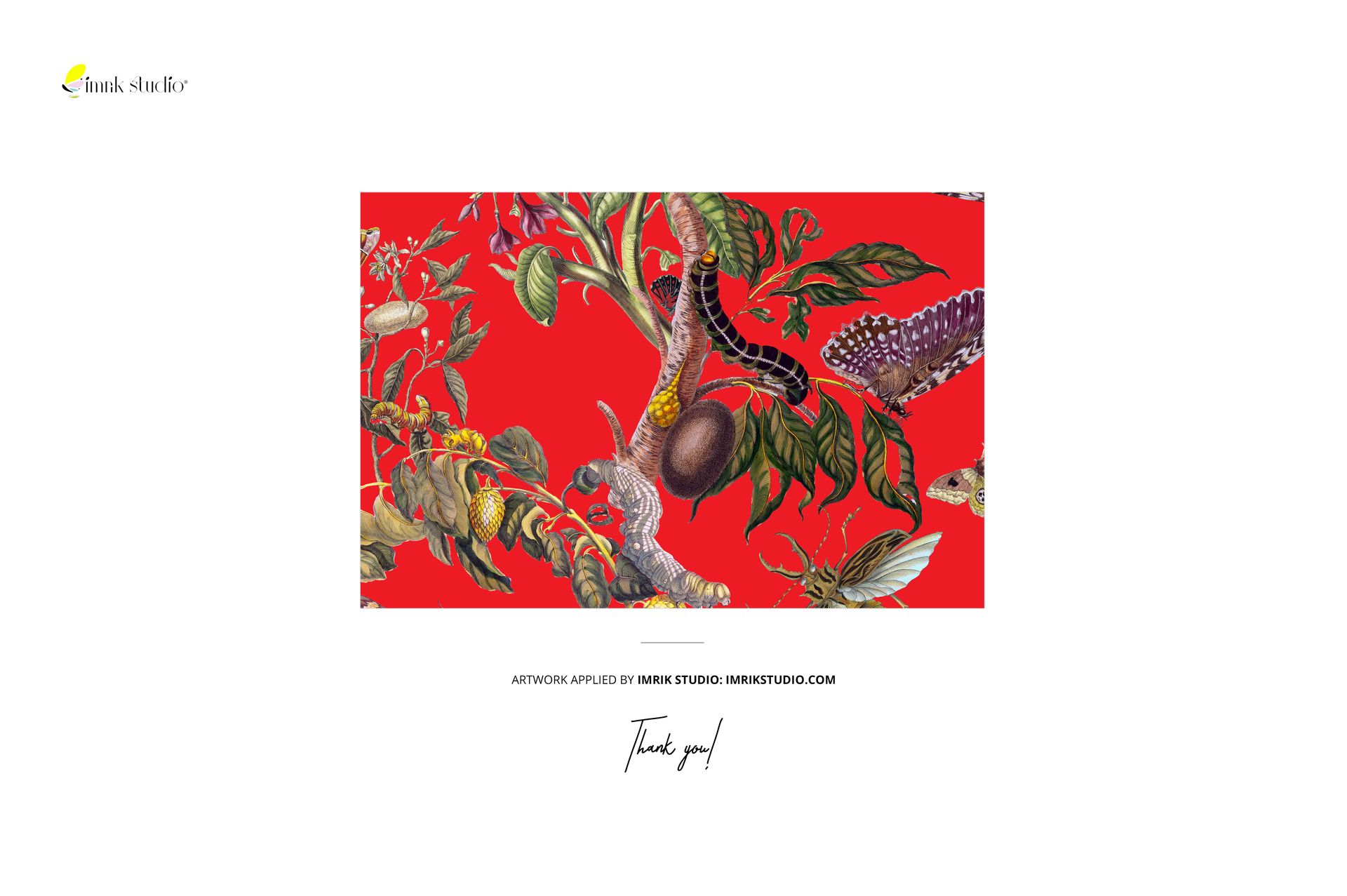 Botanical-themed fabric swatch mockup with branches, flowers, and insects set against a bright red backdrop, frontal perspective.