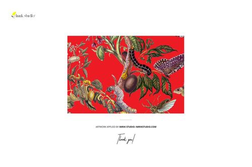 Botanical-themed fabric swatch mockup with branches, flowers, and insects set against a bright red backdrop, frontal perspective.