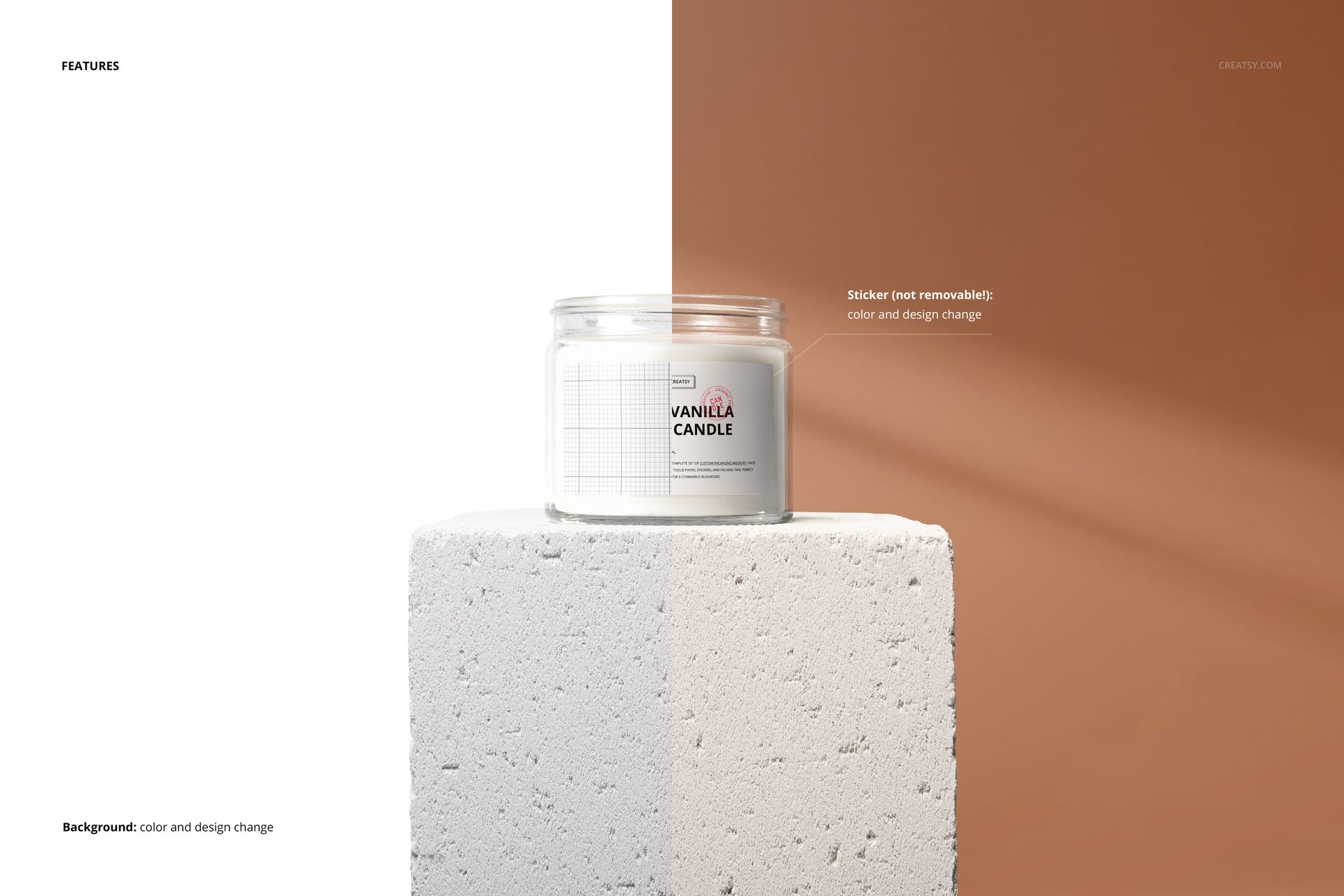 Front view of a transparent candle jar mockup placed on a stone pedestal, with a dual-tone white and brown backdrop.