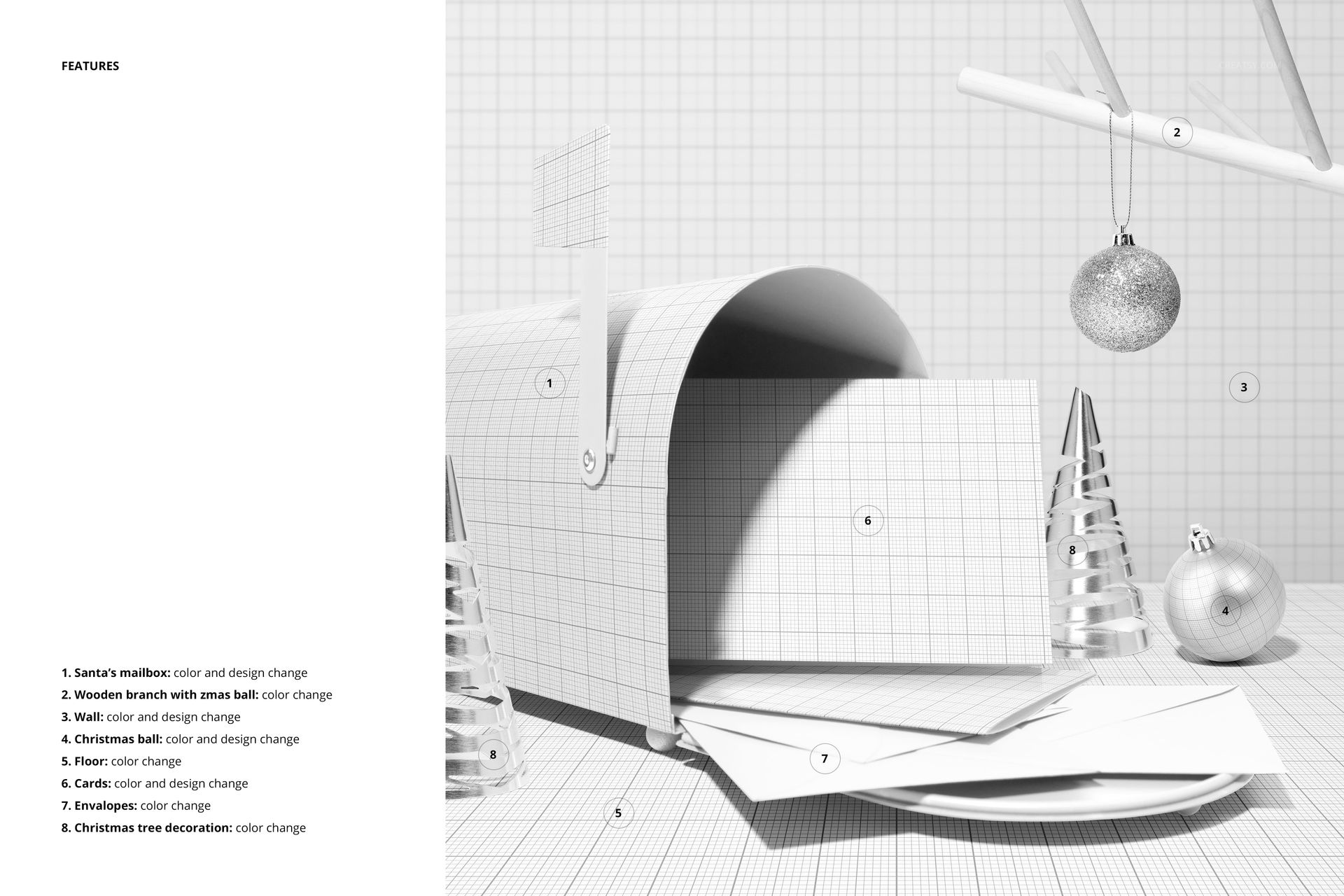Front view of a Christmas mailbox mockup with grid texture, surrounded by cards, baubles, and miniature trees.
