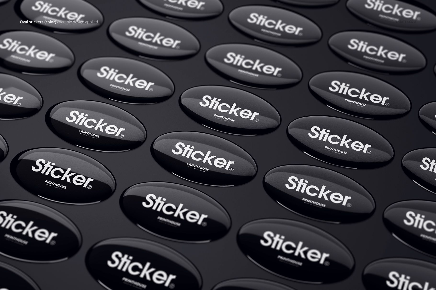Angled perspective of several shiny oval stickers with bold white text, featured in a PSD mockup layout.