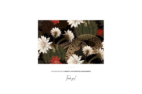 Kaftan mockup with a floral and snake pattern in earthy tones, shown from the front on a white background.