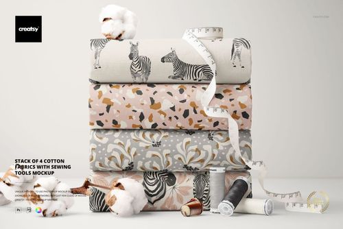 Stack of 4 Cotton Fabrics with Sewing Tools Mockup - mockup preview 1