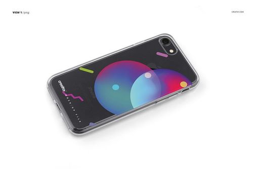 iPhone 7 clear case mockup displaying a vibrant geometric pattern, viewed from above on a clean white backdrop.