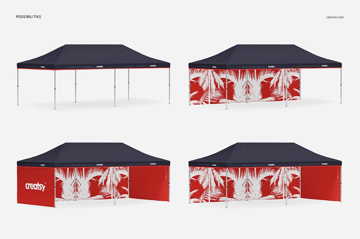 Pop up tent mockup with a navy blue roof and red and white patterned side panels, shown from multiple angles on a white background.