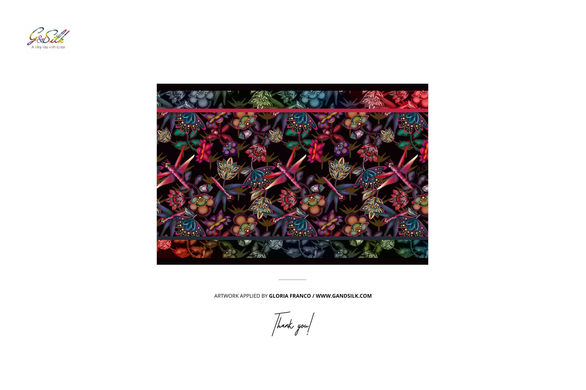 Colorful silk scarf featuring hand-rolled borders and a detailed botanical design, shown in a flat lay mockup.