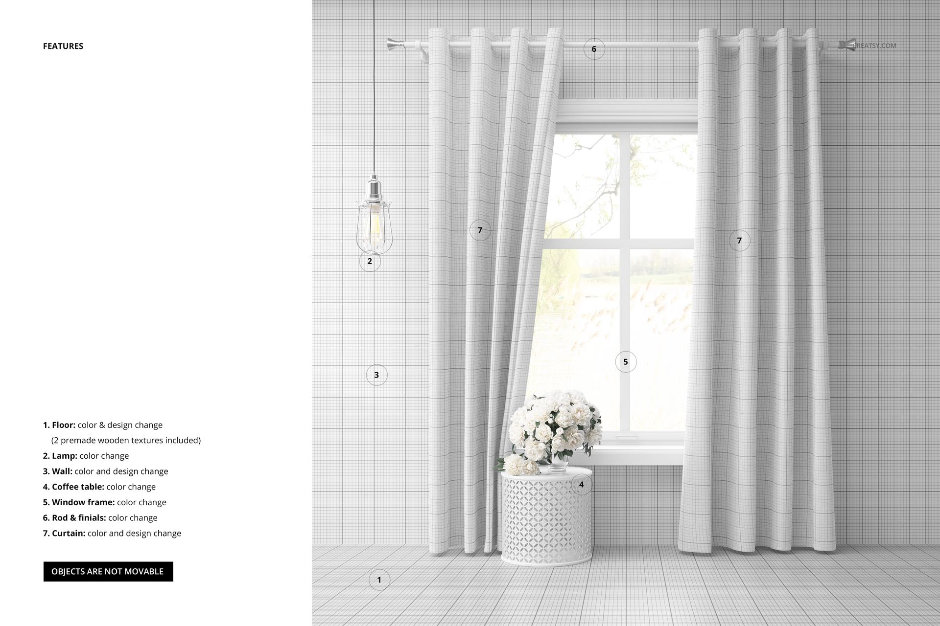 Grommet curtain mockup scene showing light-colored curtains on a window, basket with white flowers, and grid wall background.