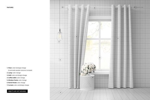 Grommet curtain mockup scene showing light-colored curtains on a window, basket with white flowers, and grid wall background.