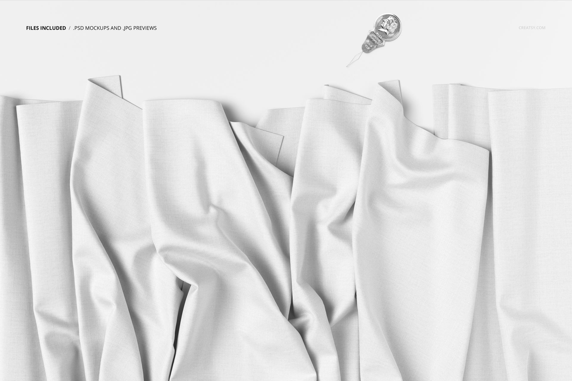 Top view of wrinkled white textile mockup, showing layered creases and soft shadows on a neutral background.