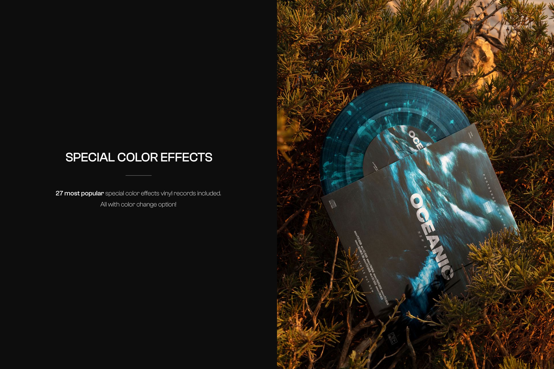 PSD mockup of a 7 inch green vinyl record and album cover resting on leafy plants, photographed from above.