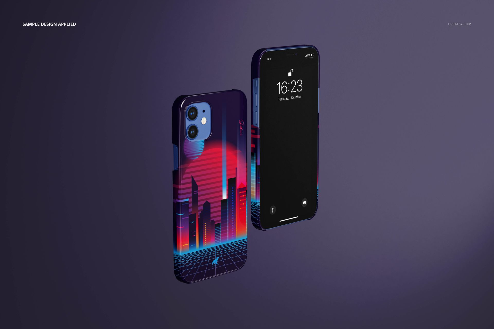 iPhone 12 glossy snap case mockup featuring a retro city skyline pattern in red and blue, displayed beside the device.