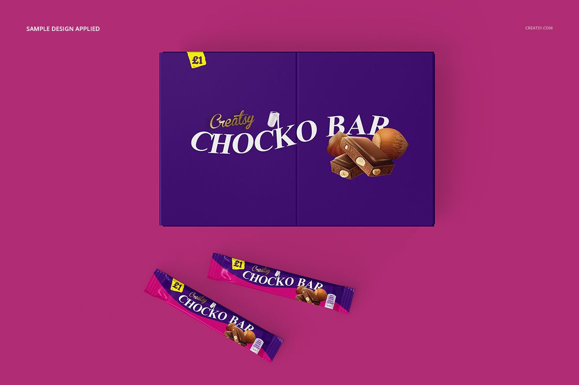 Front view of a chocolate bar box mockup set with two chocolate bars placed on a solid pink background.
