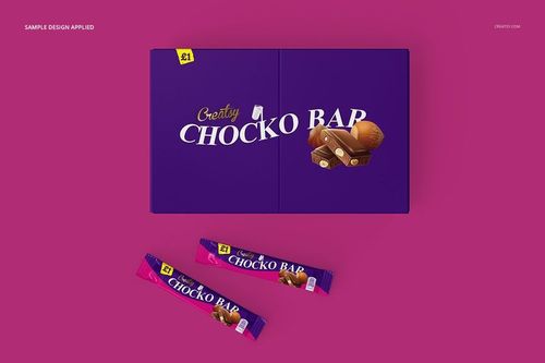 Front view of a chocolate bar box mockup set with two chocolate bars placed on a solid pink background.