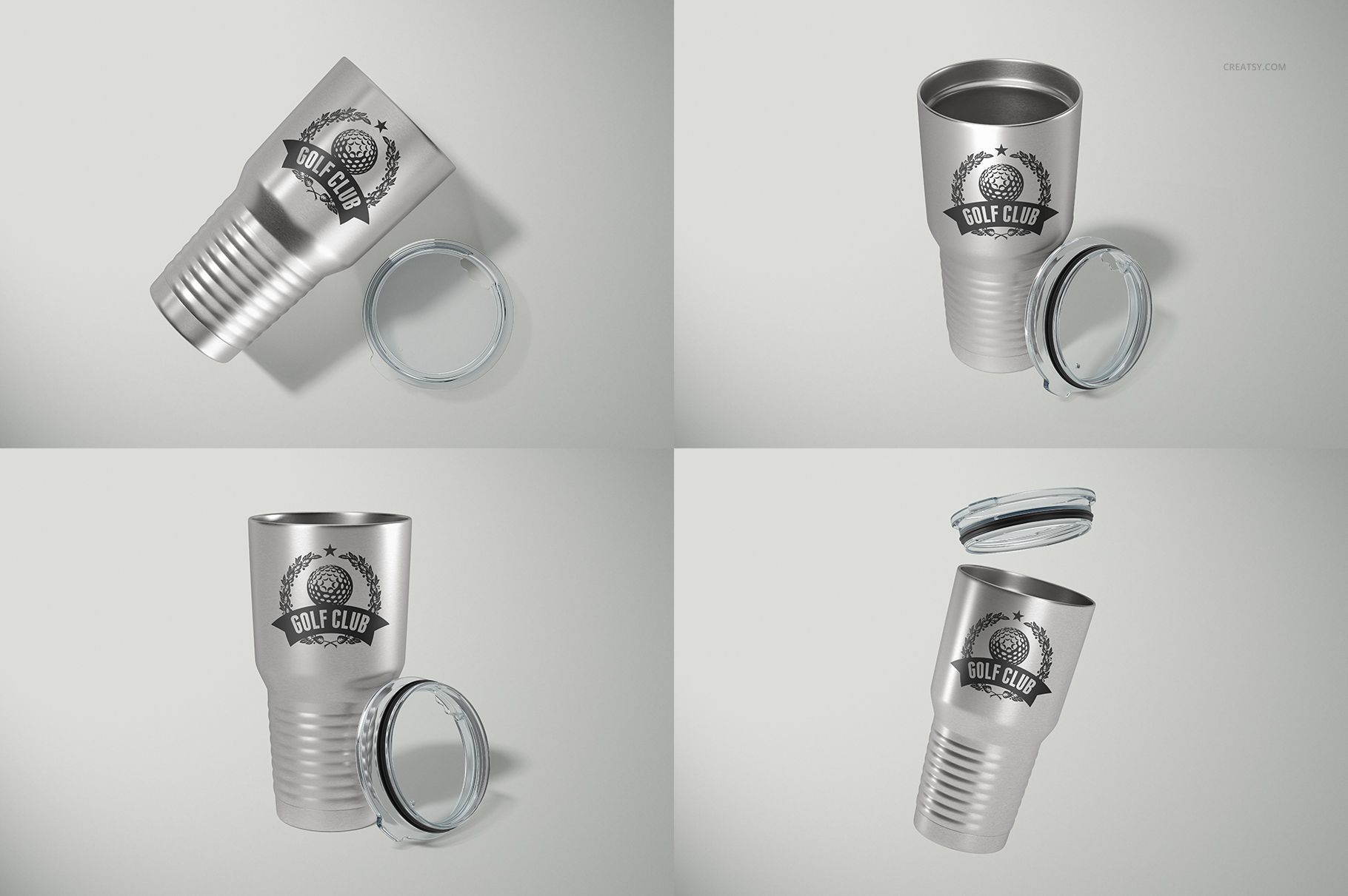 Four views of a 30oz ringneck tumbler mockup in brushed silver with a black logo, shown with clear plastic lid on a light background.