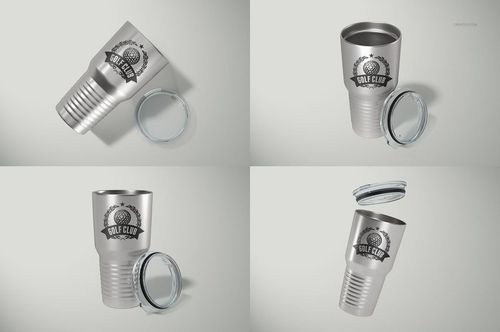 Four views of a 30oz ringneck tumbler mockup in brushed silver with a black logo, shown with clear plastic lid on a light background.