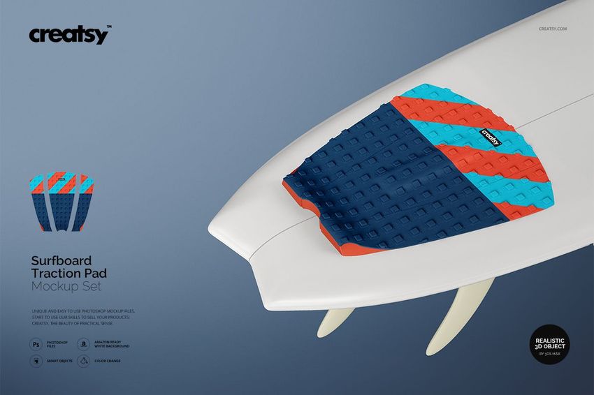 PSD mockup of a surfboard with a geometric traction pad in vibrant colors, viewed from an angled perspective.