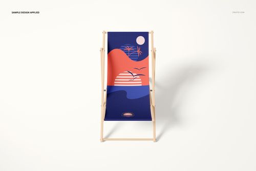 Front view of a folding deck chair mockup with a vibrant sunset illustration in blue and orange tones, isolated on white.