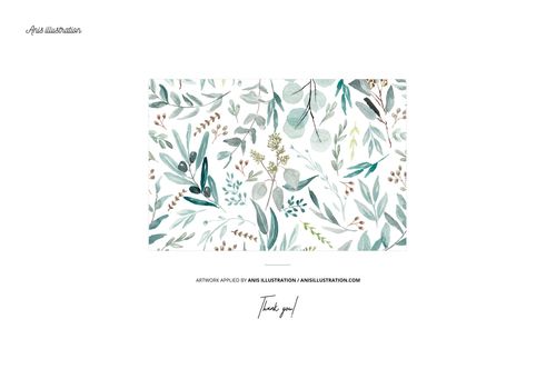 Rectangular laundry room mockup featuring a botanical pattern with green and blue leaves, front view on white background.
