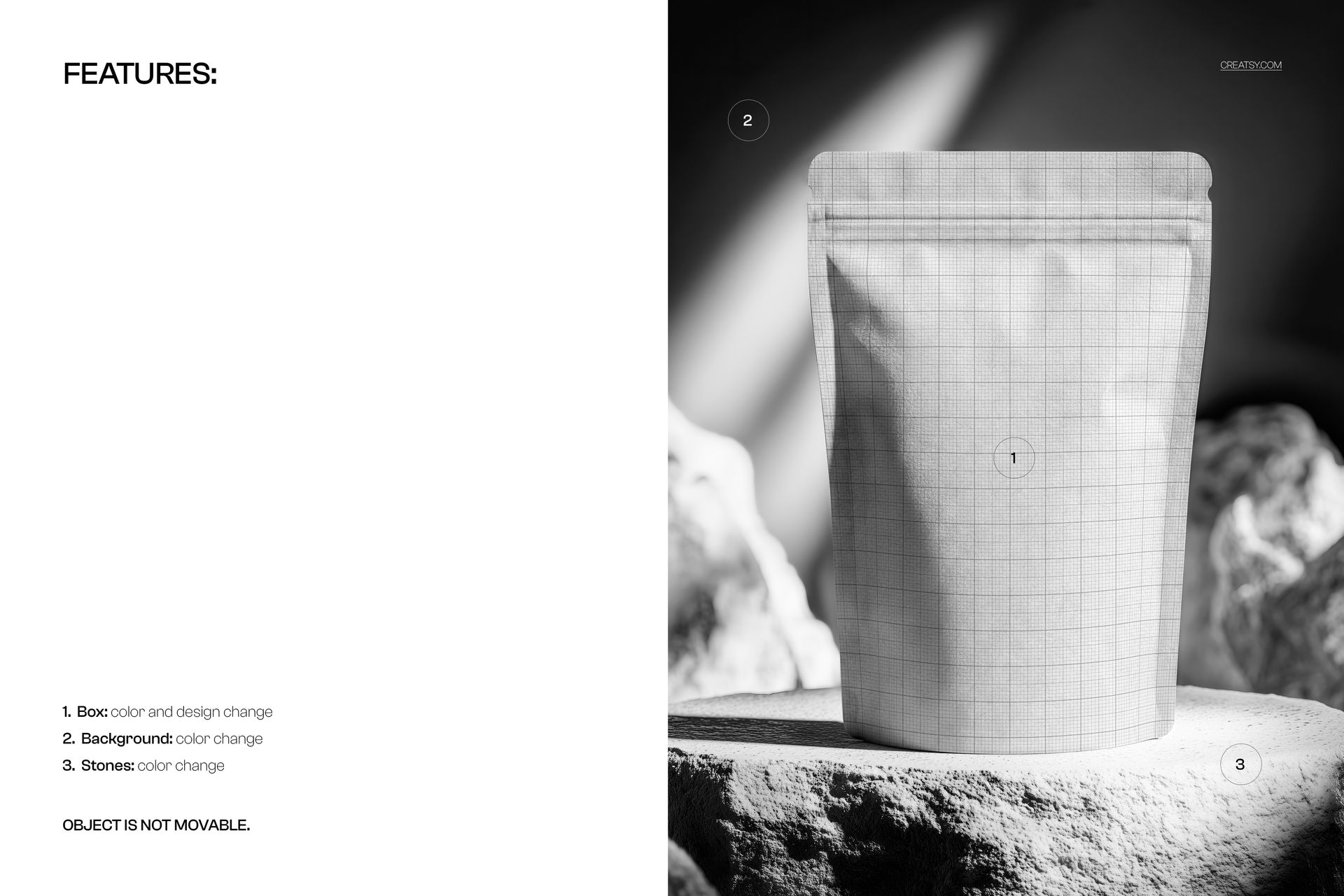 Matte paper doypack with a grid pattern standing upright on a stone surface, shown in a front view mockup scene.