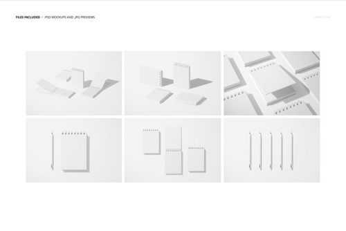 Spiral ring flip top notebook PSD mockup set, including top and side views of white notebooks arranged in minimalist scenes.