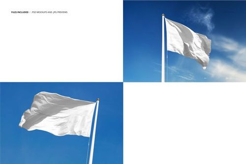 White flag mockup set featuring three views of a blank flag on a pole against a clear blue sky background.