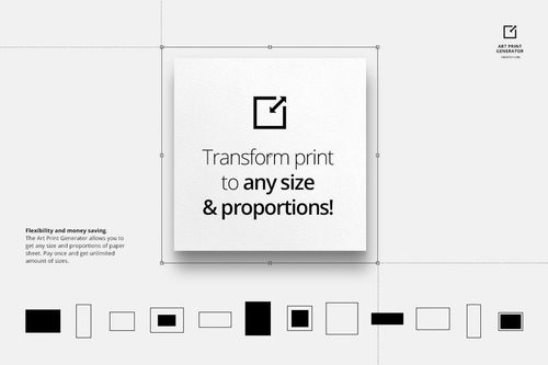 Front view of a square art print mockup on a light background, surrounded by various print size outlines and text.