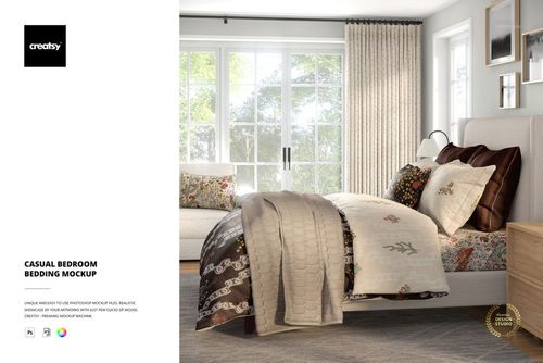 Cozy bedroom bedding set mockup featuring layered comforter, pillows, and coverlet in a sunlit room.