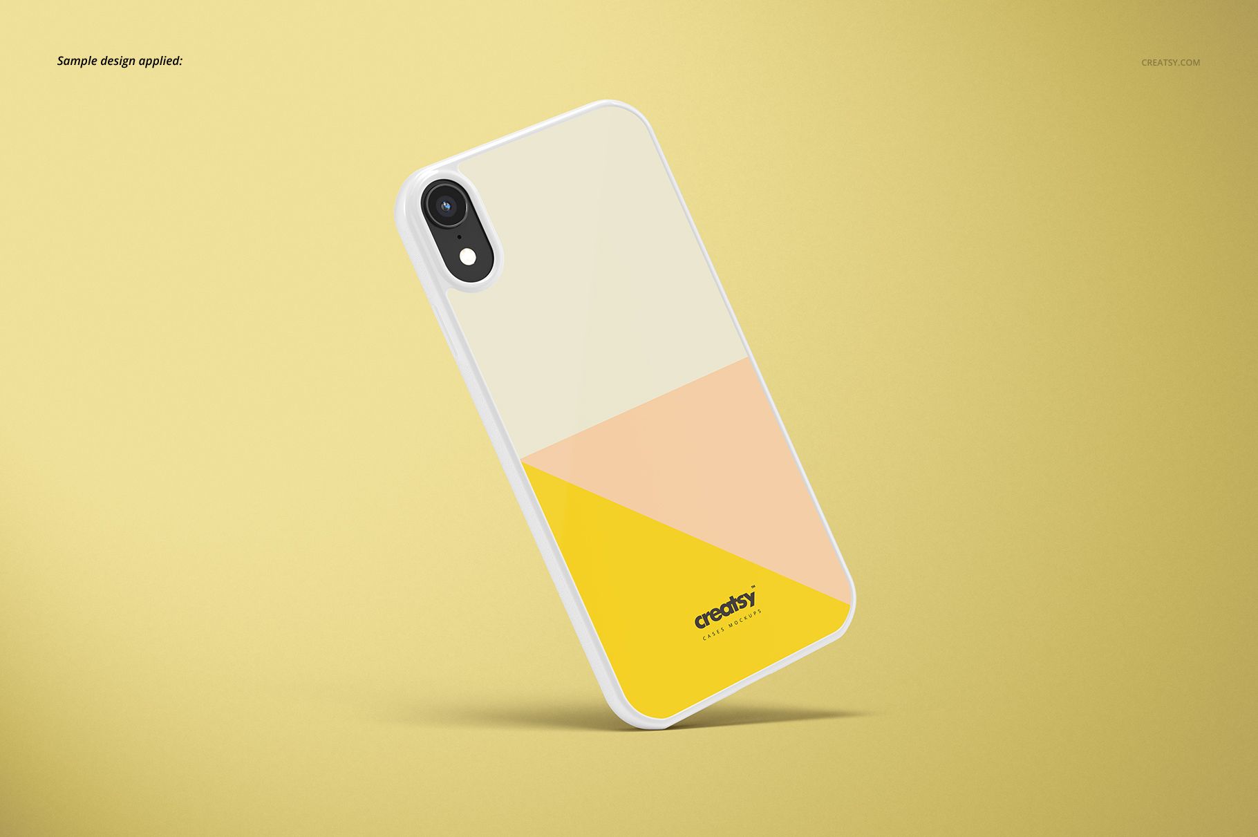 Angled view of a white iPhone XR 2D case mockup featuring abstract yellow and peach shapes on a solid backdrop.