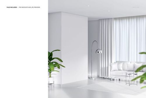 PSD mockup of a minimal living room with white furniture, curtains, green plant, and textile frames displayed.