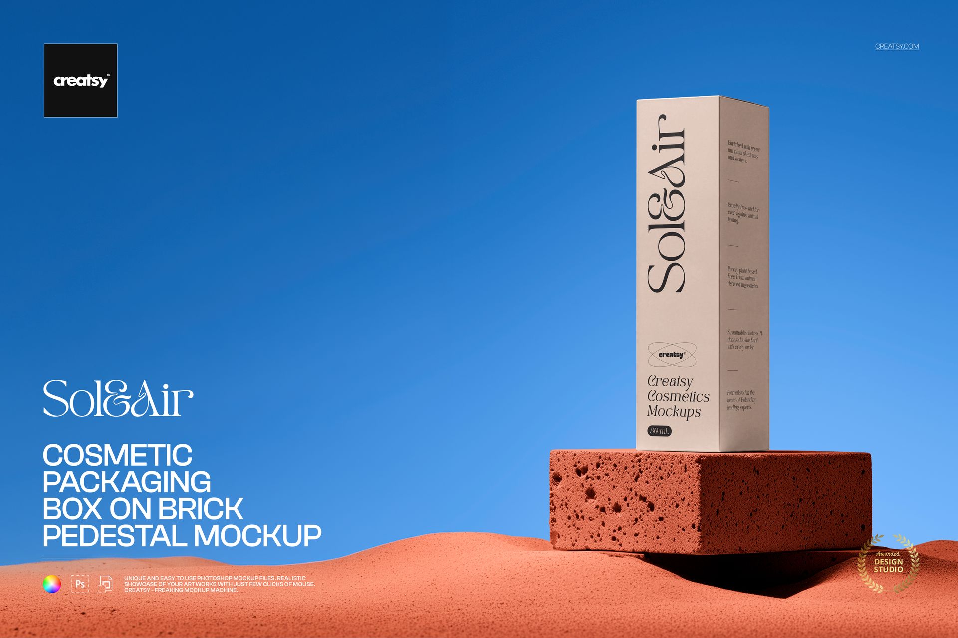 Front view of a skincare packaging box mockup placed vertically on a red brick pedestal with a clear blue backdrop.