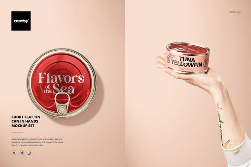 Short flat tin can mockup displayed in a hand, featuring a pink and metallic design with bold text on the label.