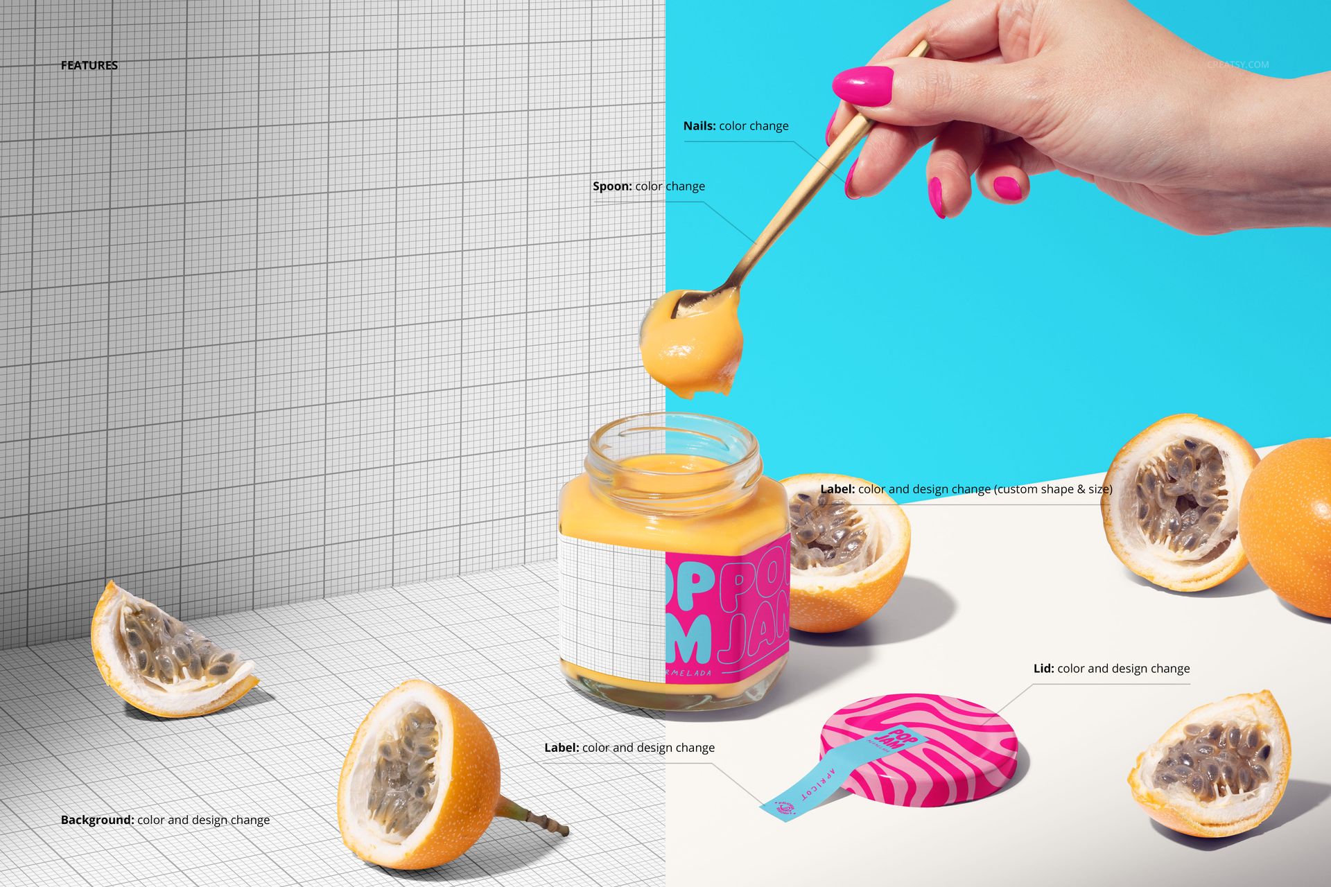 Granadilla jam jar mockup with a vibrant label, gold spoon, and sliced granadilla fruits on a split background.