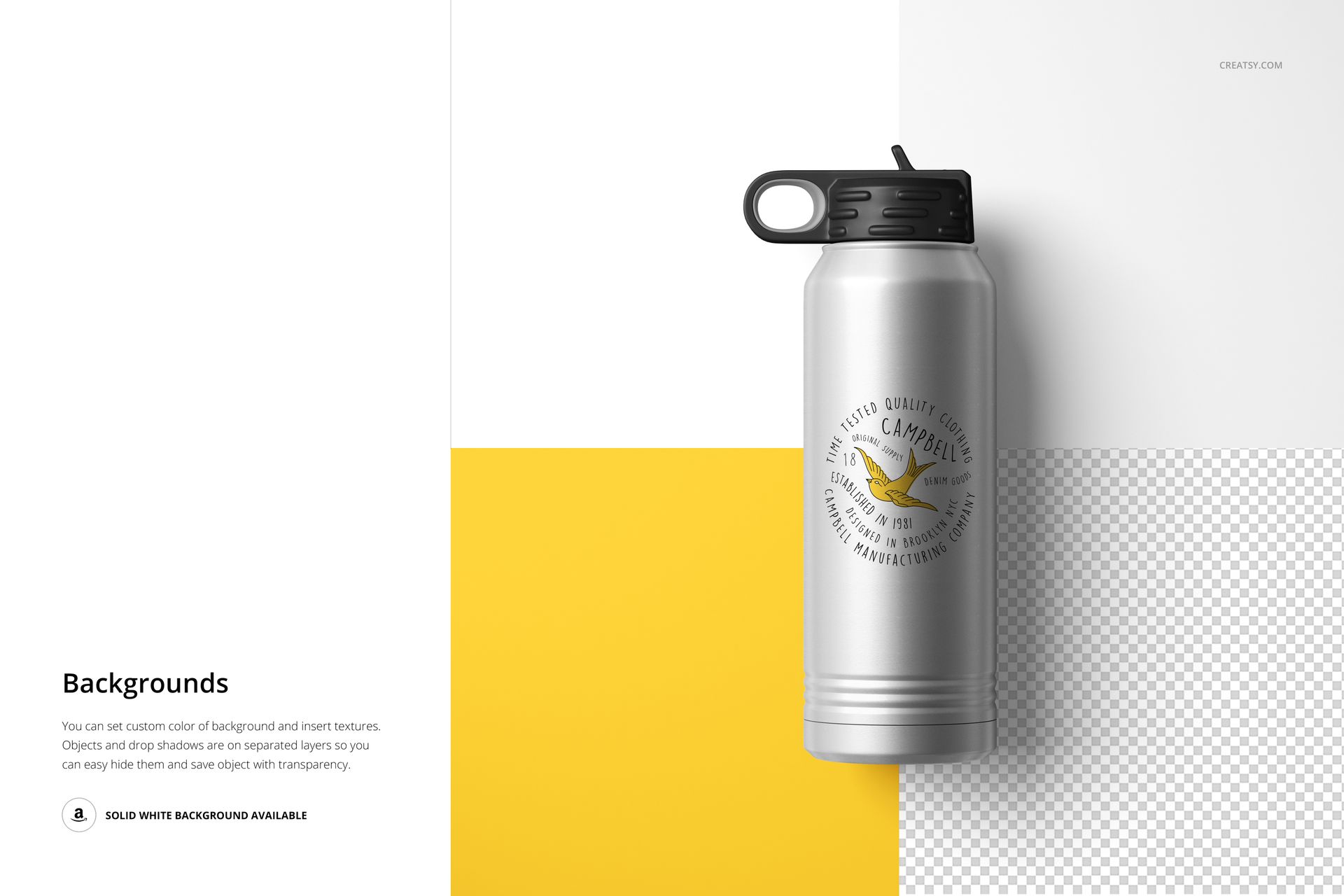 Silver metal water bottle mockup with a round logo, shown from above on a multi-colored background with grid pattern.