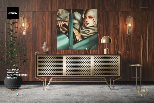 Art Deco sideboard with gold accents against a wood-paneled wall, featuring a canvas print mockup above.