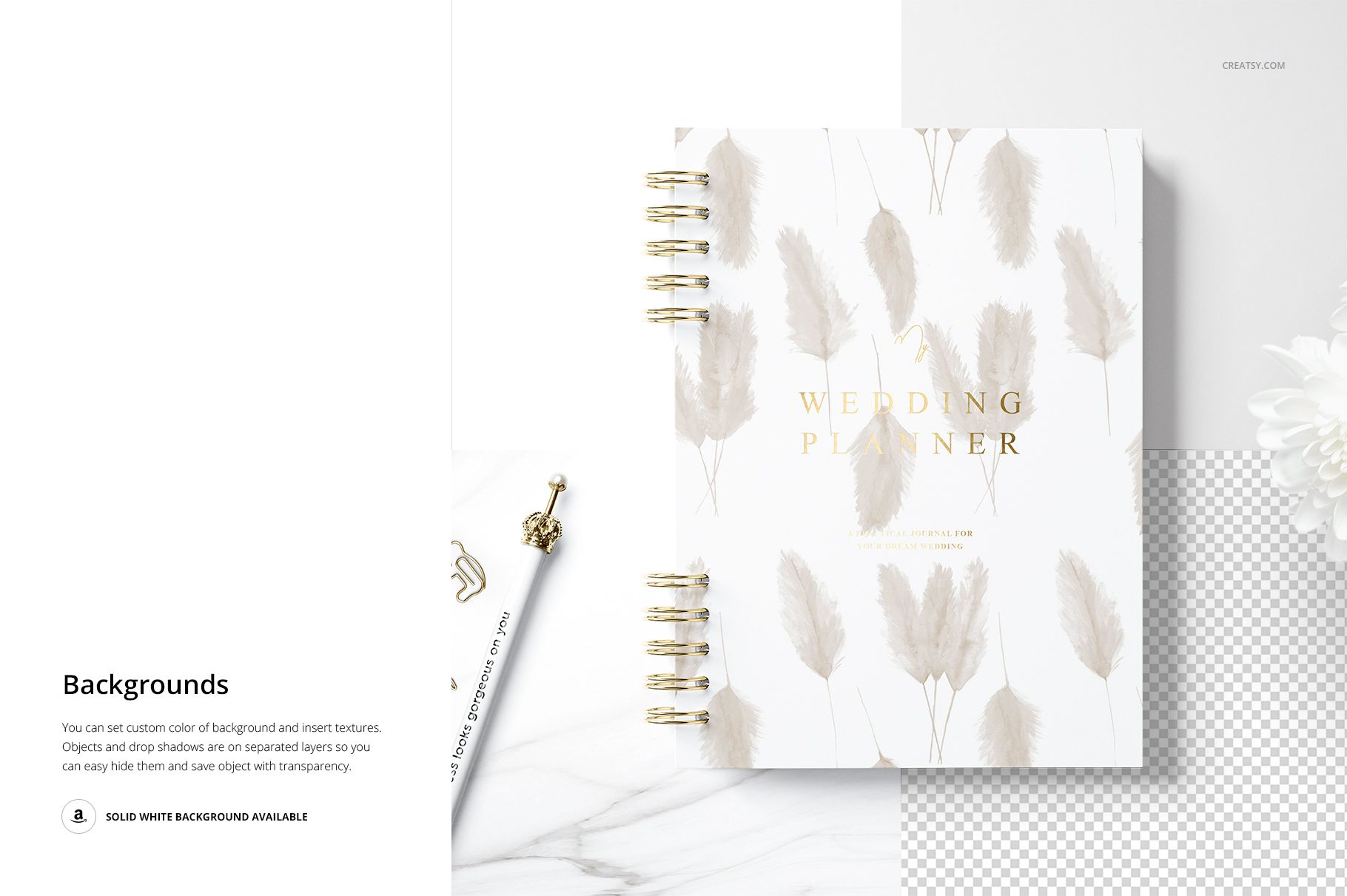 Spiral planner mockup featuring soft beige leaf motifs and gold lettering, shown on a white and marble background.