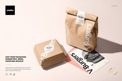 Front view of fast food packaging mockup featuring a burger box, paper bag, and menu sheet on a light surface.