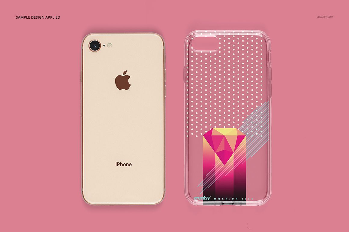 iPhone 8 clear case mockup featuring vibrant geometric artwork and dotted pattern next to a gold iPhone 8.
