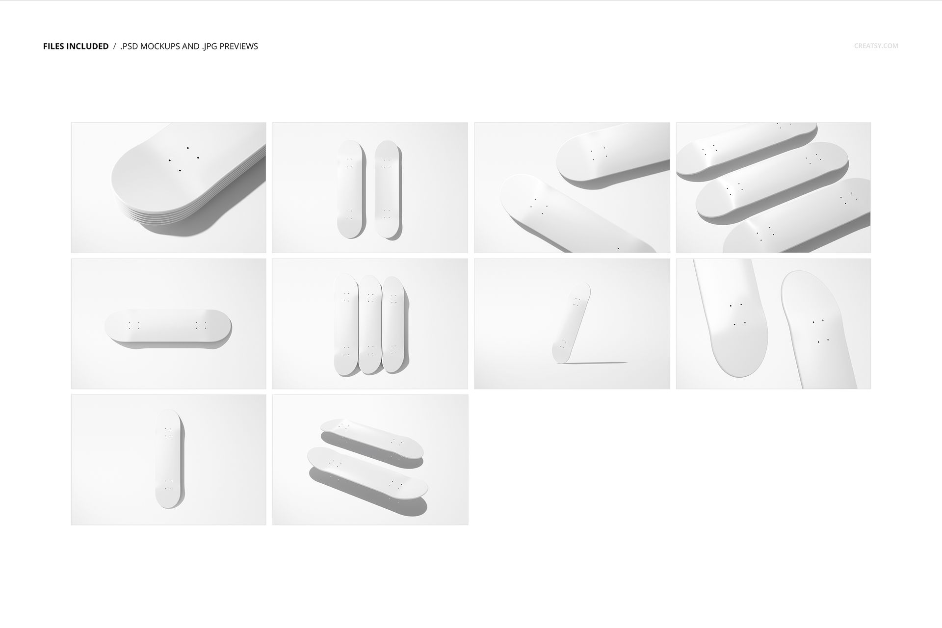 PSD mockup featuring several skateboard decks in different perspectives, all with a clean white finish and minimal props.
