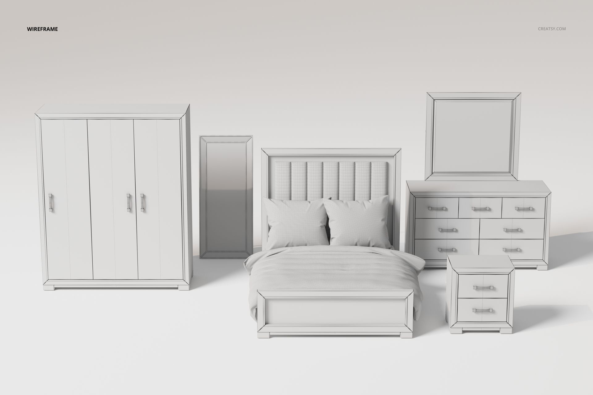 Bedroom furniture set in white wireframe style, including bed, wardrobe, dresser, mirror, and nightstand, front view.