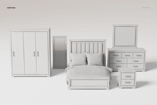Bedroom furniture set in white wireframe style, including bed, wardrobe, dresser, mirror, and nightstand, front view.