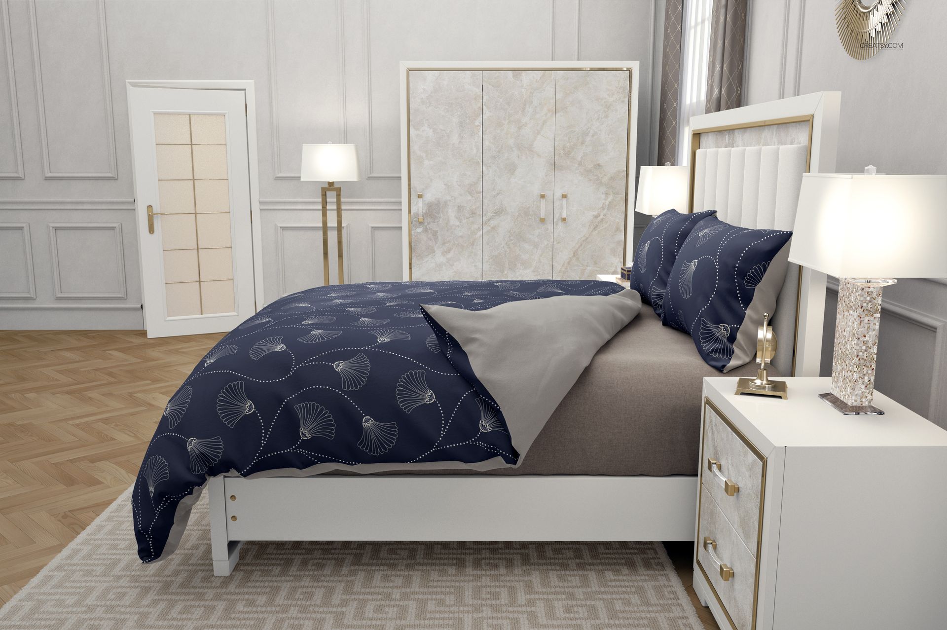 Elegant bedding mockup with a navy blue leaf-patterned duvet and pillows on a white bed in a modern bedroom.