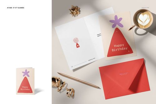Greeting card mockup set featuring an open and closed card, red envelope, gold pen, ribbon, and latte on a light surface.
