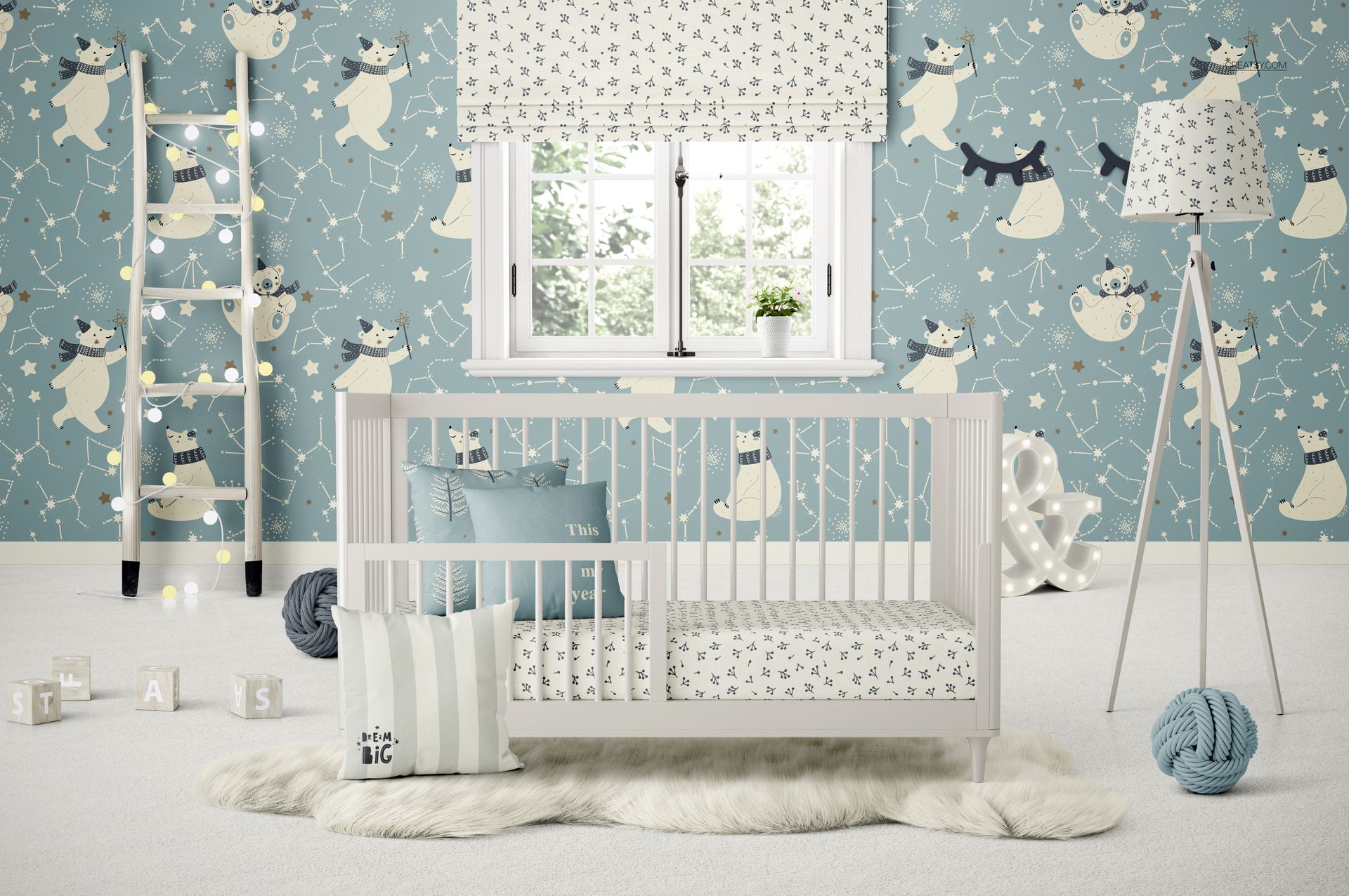 Nursery scene featuring a white crib, patterned bedding, blue-themed wall, and cozy accents in a PSD mockup.