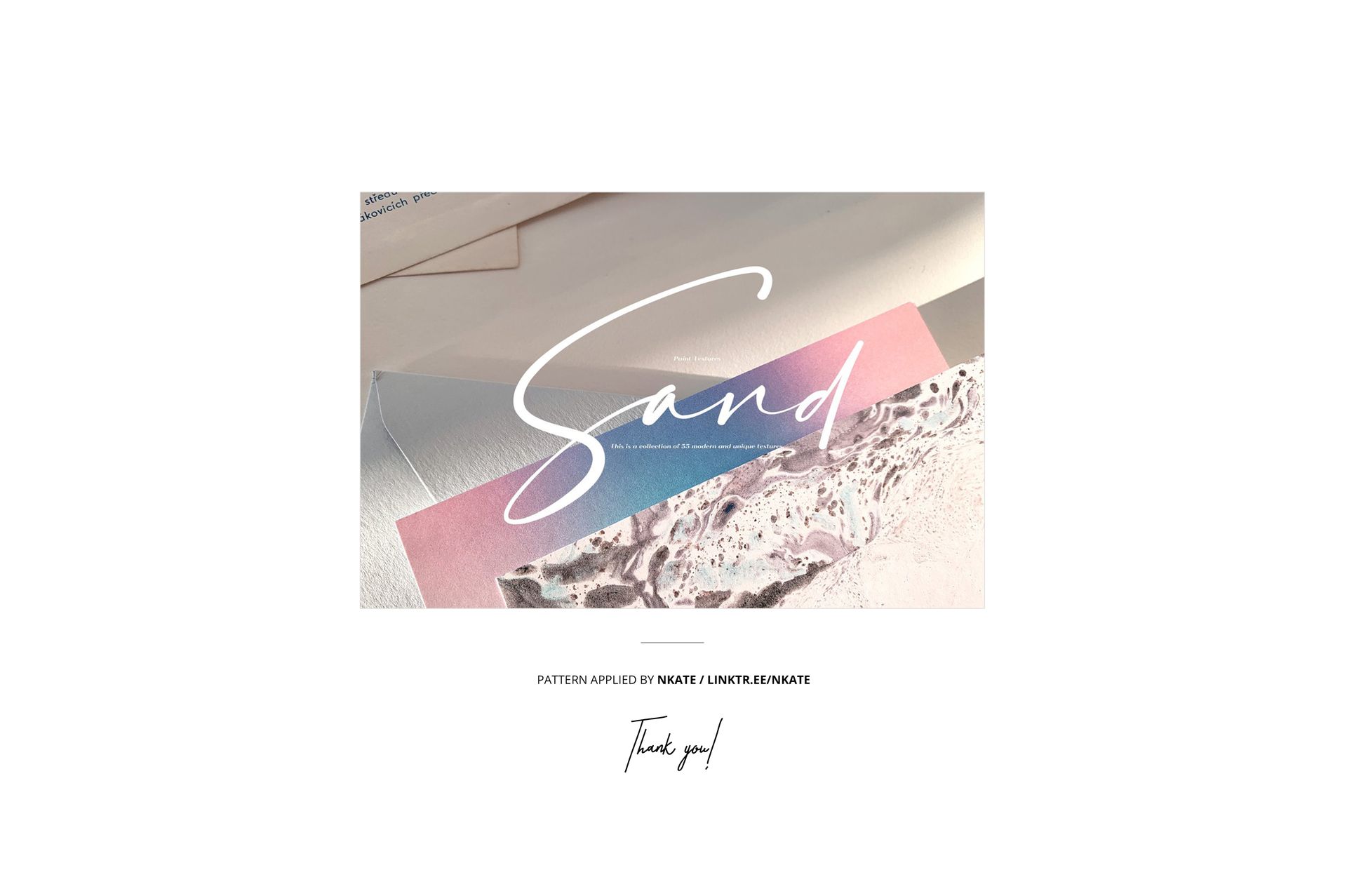 Mailing box mockup with pastel pink and blue paper inserts, sand texture detail, and elegant script text.