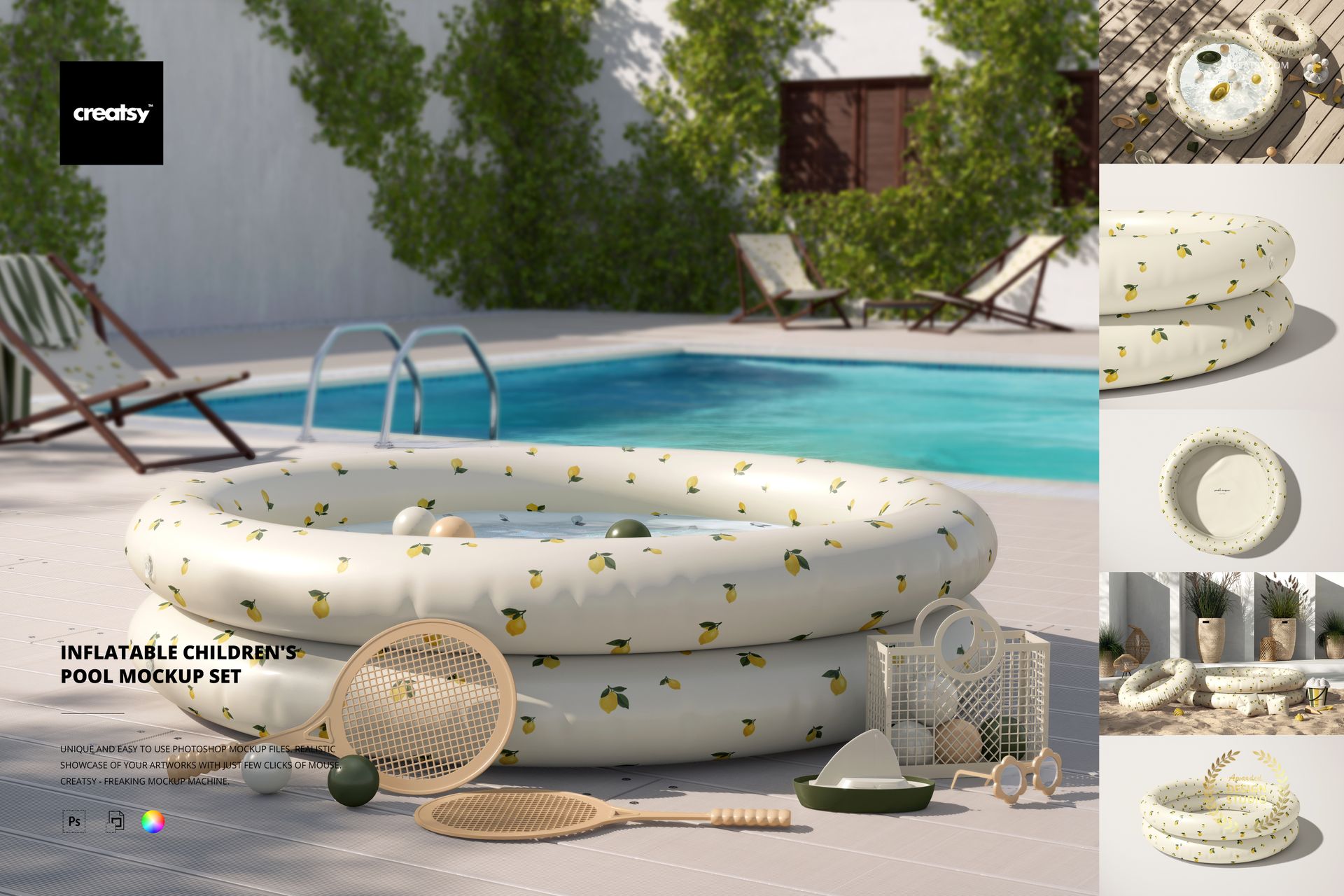 PSD mockup showing a white inflatable kids' pool with yellow fruit motifs, styled with rackets and summer accessories.