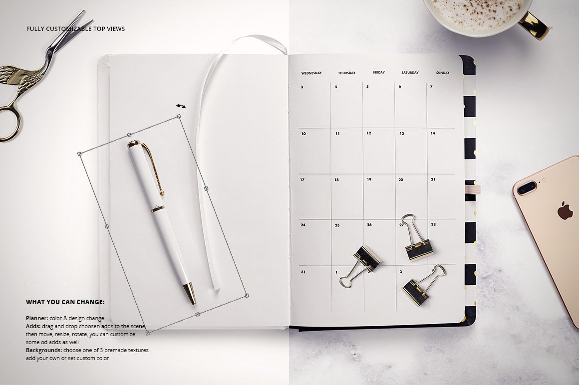 Top view of a planner mockup set showing a calendar page, pen, binder clips, scissors, coffee, and smartphone.