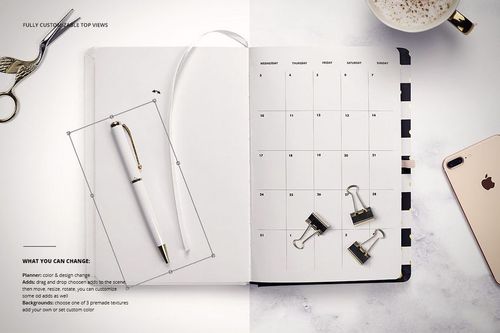 Top view of a planner mockup set showing a calendar page, pen, binder clips, scissors, coffee, and smartphone.