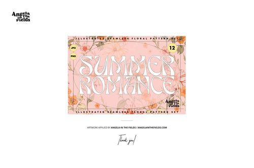 Rectangular mockup with a floral pattern and large 'Summer Romance' text, featuring orange and pink flowers on a pale background.